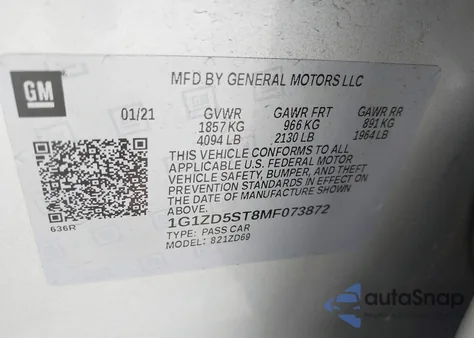 2021 Chevrolet Malibu Lt из США, поврежденный, VIN 1G1ZD5ST8MF073872